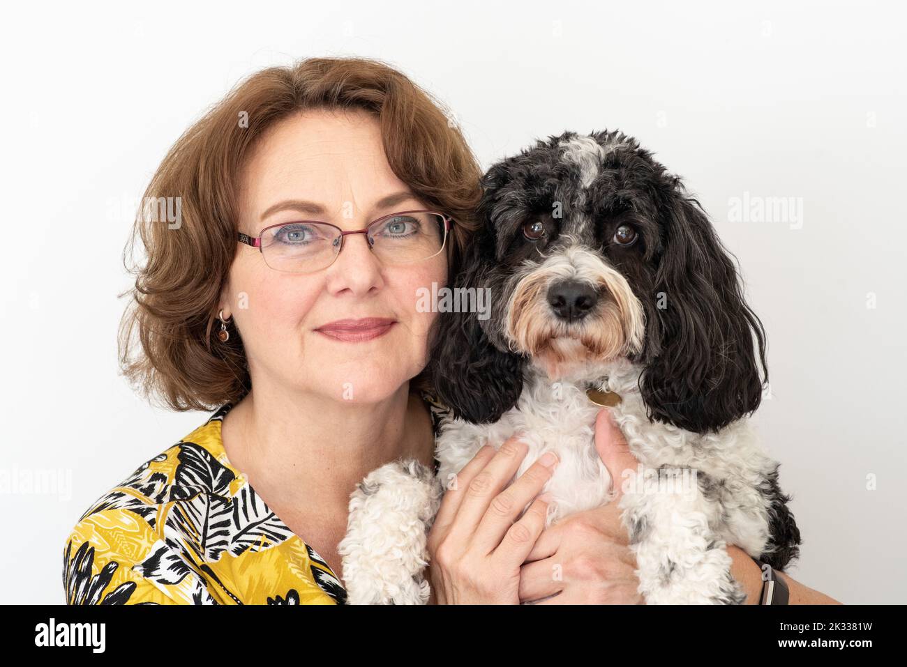 Portrait of attractive middle aged woman holding black and white cockapoo dog, both looking to camera, on a white background. Calmness, togetherness. Stock Photo