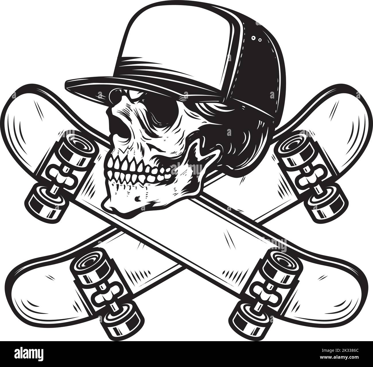 Skateboarder skull with crossed skateboards. Design element for logo, label sign, poster, t shirt. Vector illustration Stock Vector