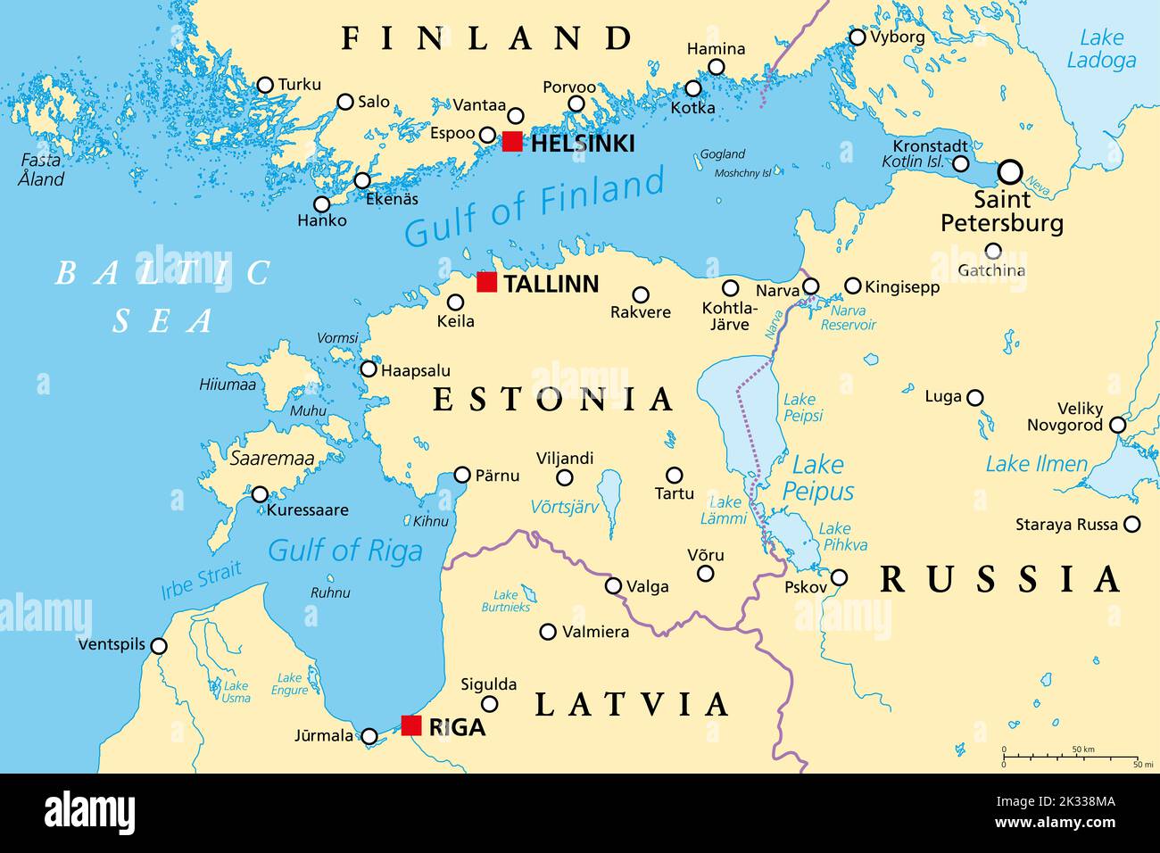 Gulf of Finland and Riga region, political map. Nordic countries Finland, Estonia and Latvia, seaway from Baltic Sea to Saint Petersburg, Russia. Stock Photo