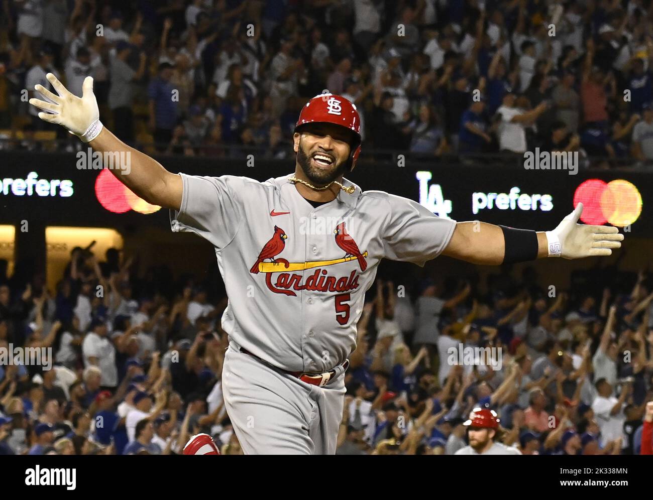 Los Angeles, United States. 23rd Sep, 2022. St. Louis Cardinals slugger Albert Pujols celebrates after hitting his 700th career home run in the fourth inning against the Los Angeles Dodgers at Dodger Stadium in Los Angeles on Friday, September 23, 2022. Photo by Jim Ruymen/UPI Credit: UPI/Alamy Live News Stock Photo