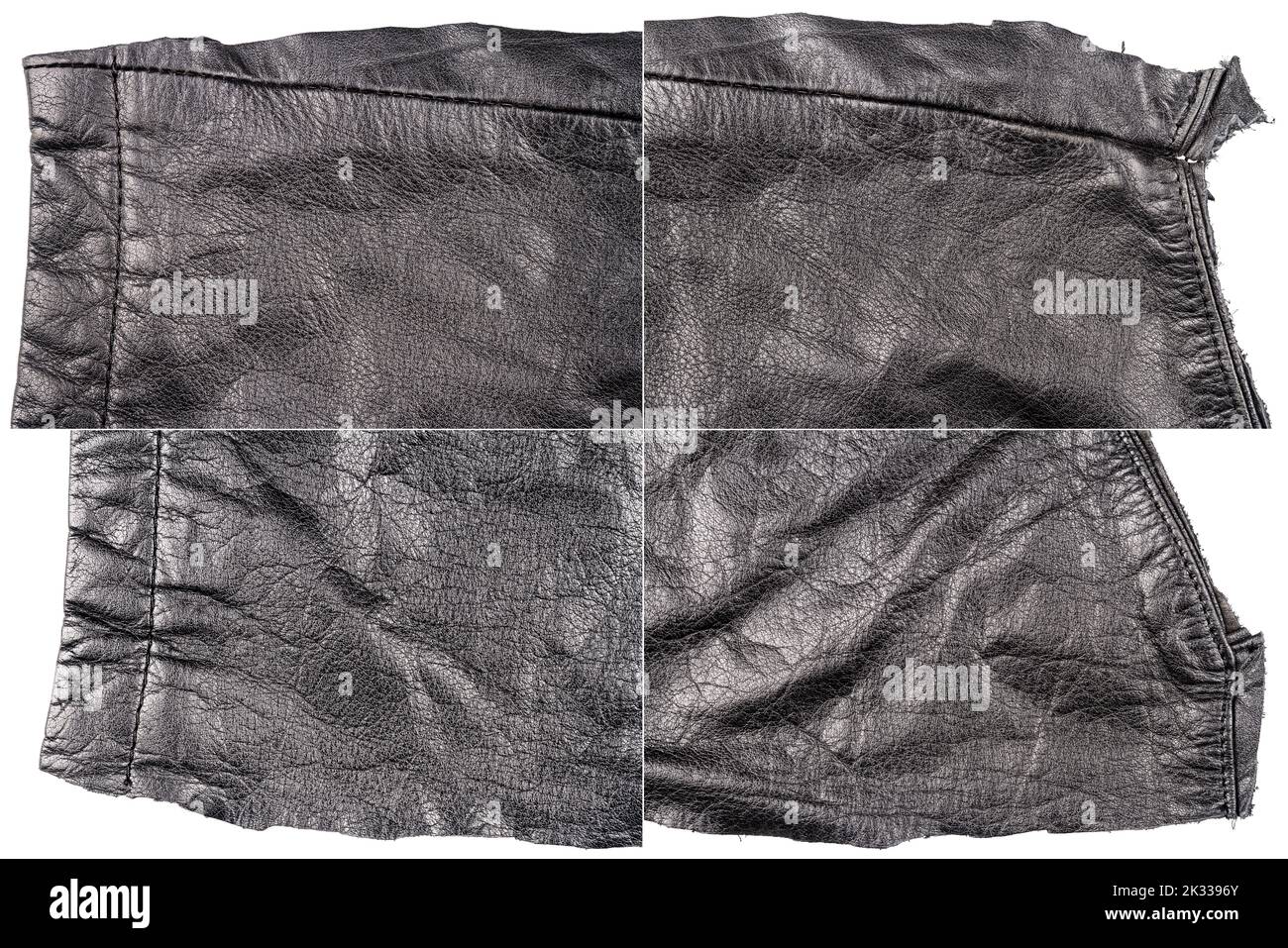 Collection of black leather textures isolated on white background