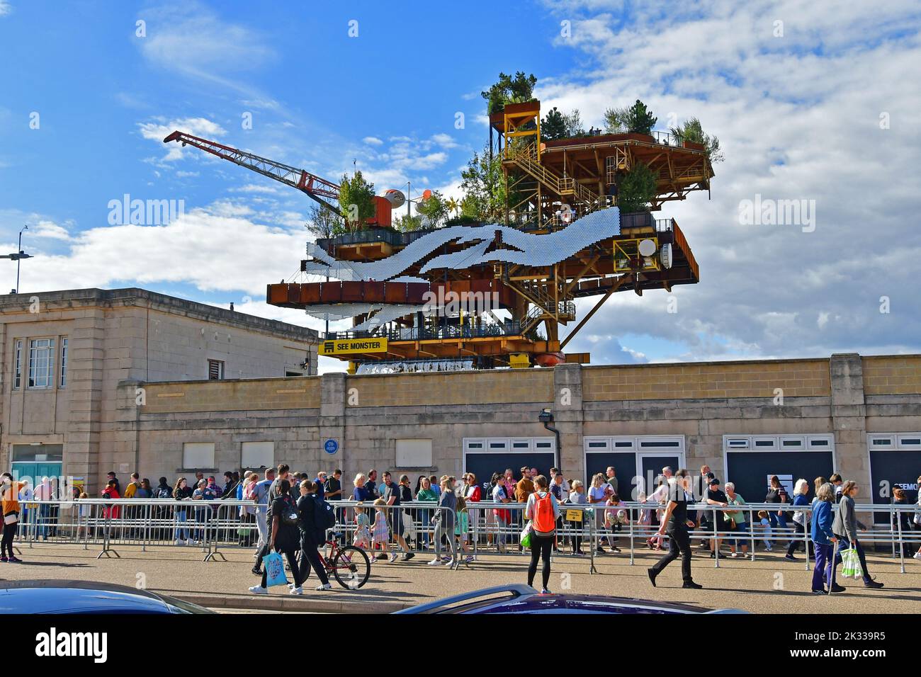 Weston Super Mare, UK. 24th Sep, 2022. On a warm afternoon in Weston Super Mare North Somerset, people are queuing to see a piece of assembled Art Work of a Decommissioned North Sea Oil Rig set and built inside of the Tropicano. Picture Credit: Robert Timoney/Alamy Live News Stock Photo