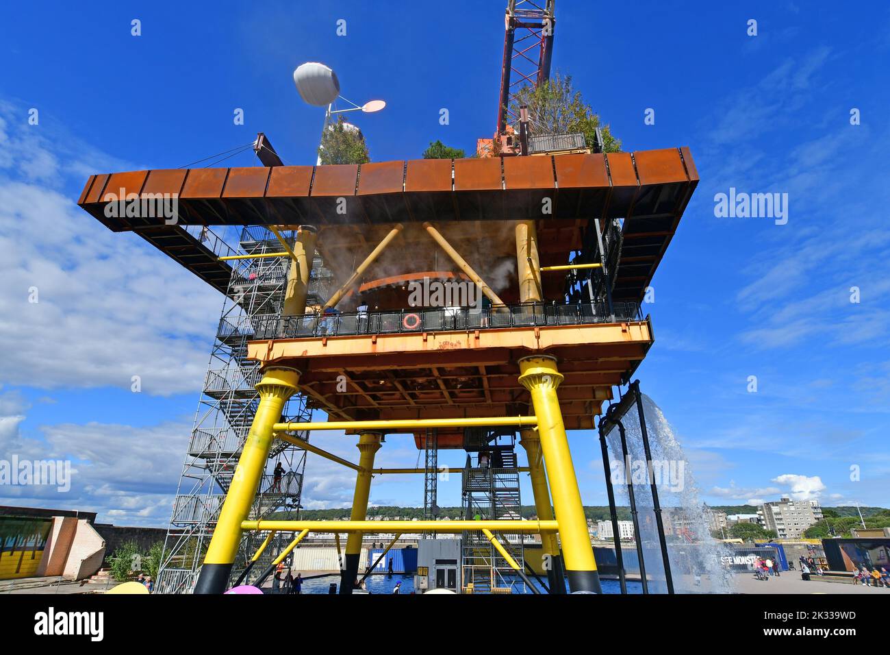 Weston Super Mare, UK. 24th Sep, 2022. On a warm afternoon in Weston Super Mare North Somerset, people are queuing to see a piece of assembled Art Work of a Decommissioned North Sea Oil Rig set and built inside of the Tropicano. Picture Credit: Robert Timoney/Alamy Live News Stock Photo
