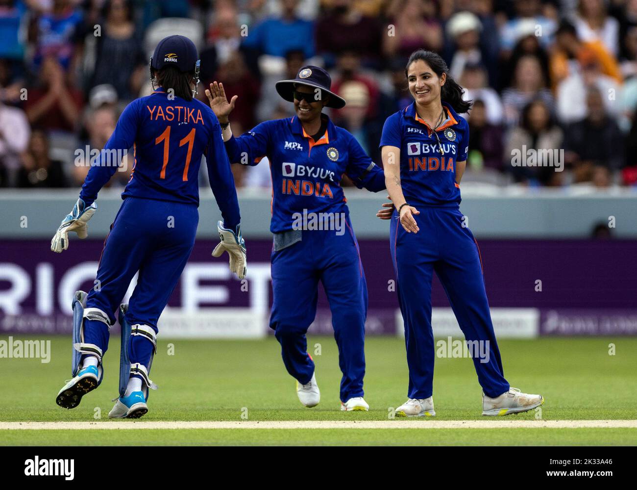 India’s Renuka Singh celebrates the wicket of England's Emma Lamb (not in picture) during the third women's one day international match at Lord's, London. Picture date: Saturday September 24, 2022. Stock Photo