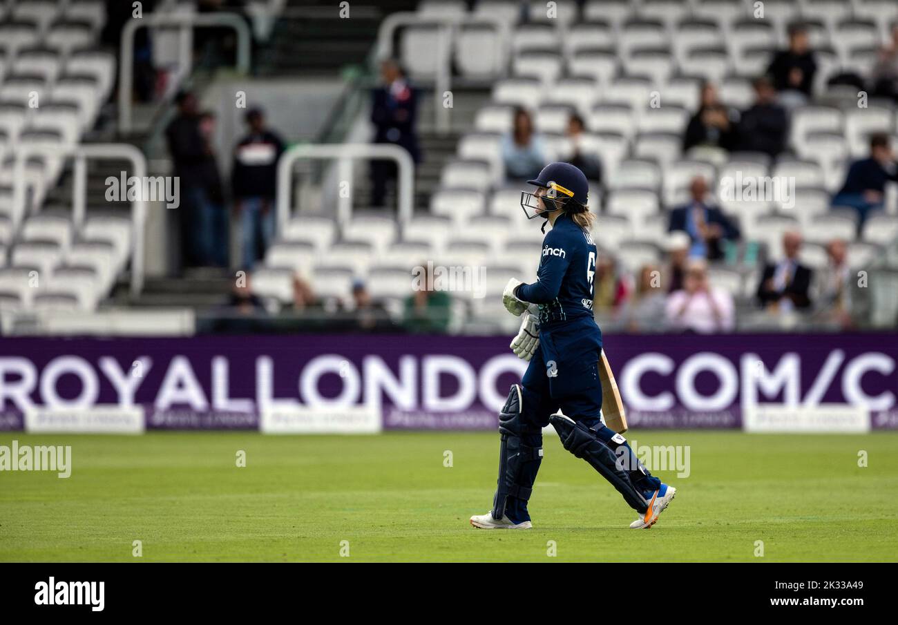 England's Emma Lamb walking of the field after being stumped out during the third women's one day international match at Lord's, London. Picture date: Saturday September 24, 2022. Stock Photo