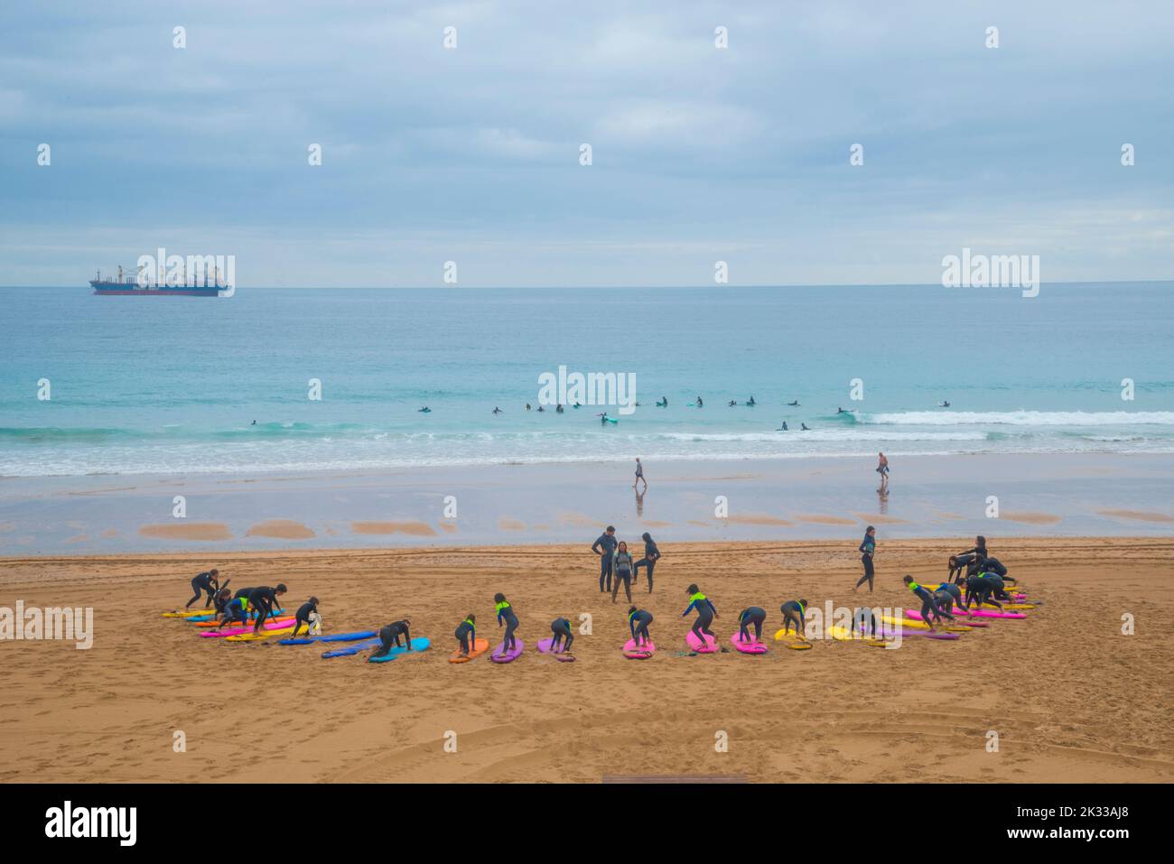 Surf class. El Sardinero beach, Santander, Spain. Stock Photo