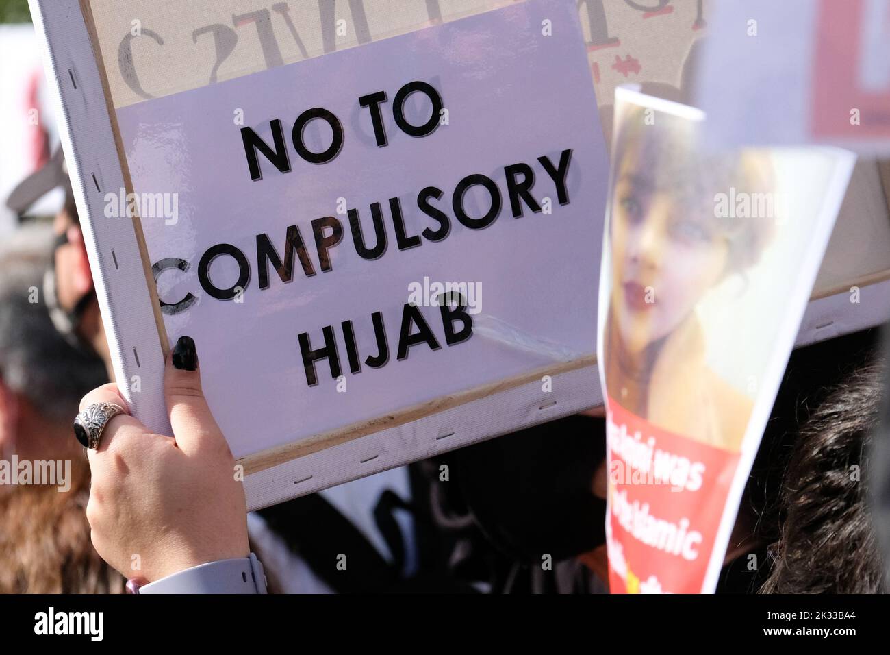 Iranian Embassy, London, UK. 24th Sept 2022. Protesters opposite the Iranian embassy against the death of Mahsa Amini in police custody in Iran.Credit: Matthew Chattle/Alamy Live News Stock Photo