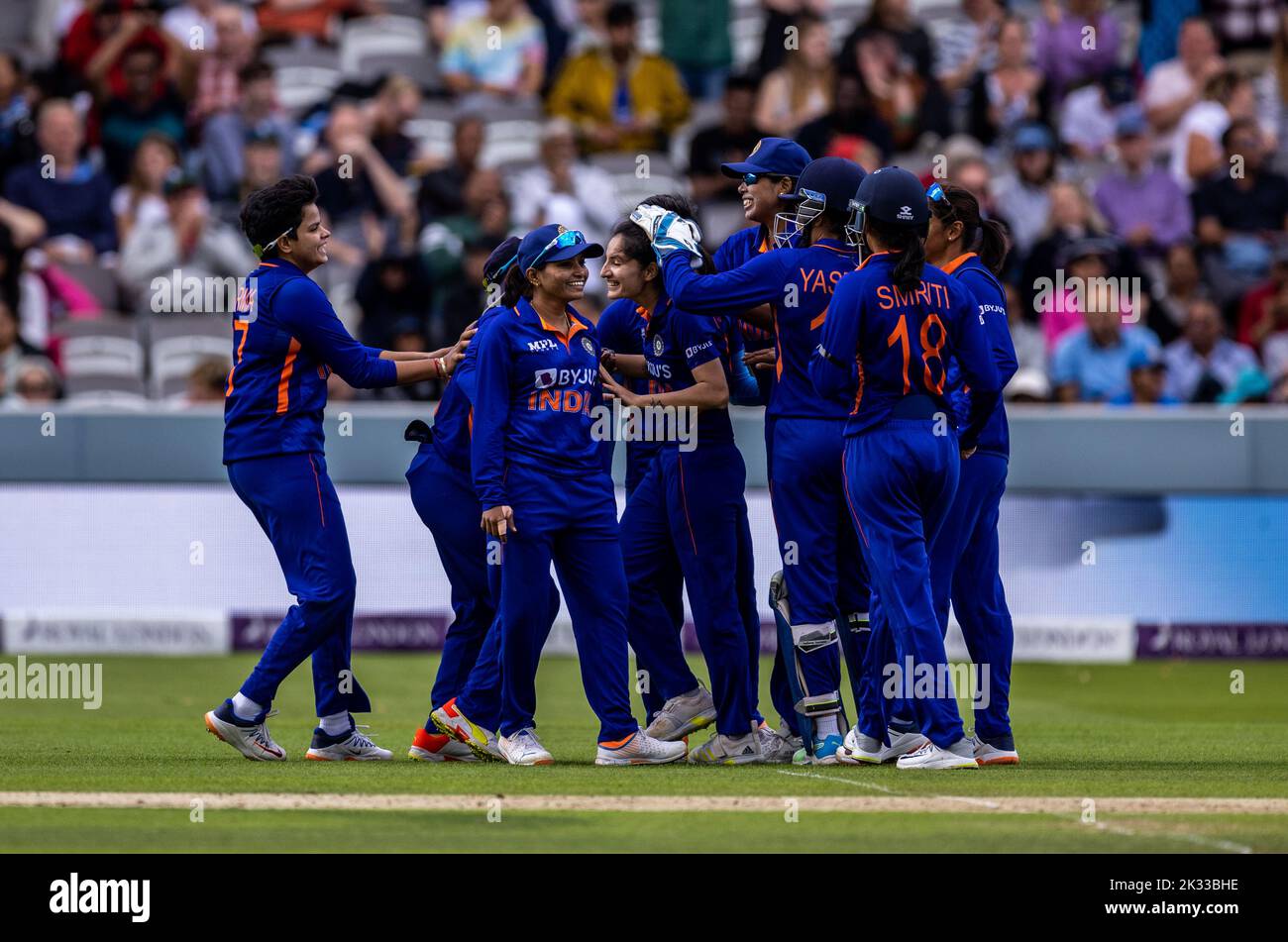 India’s Renuka Singh (centre) celebrates the wicket of England's Tammy Beaumont (not in picture) during the third women's one day international match at Lord's, London. Picture date: Saturday September 24, 2022. Stock Photo