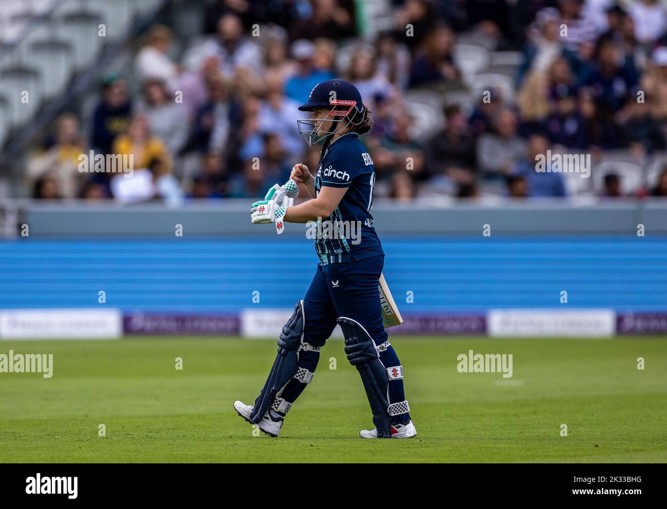 England's Tammy Beaumont walking of the field after being bowled by India’s Renuka Singh during the third women's one day international match at Lord's, London. Picture date: Saturday September 24, 2022. Stock Photo