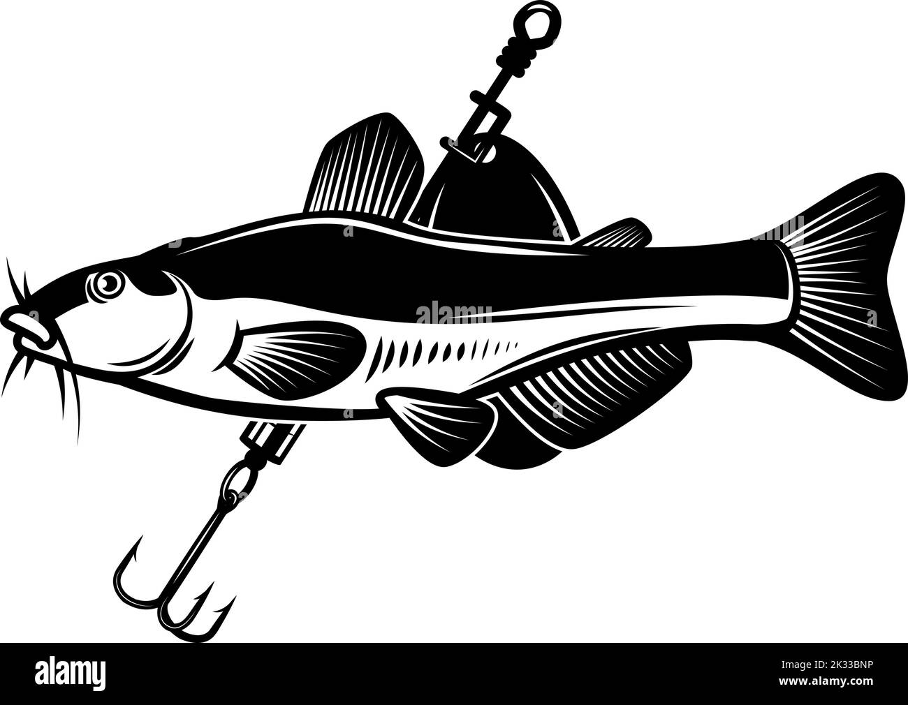 Catfish and fishing hook. Design element for emblem, sign, badge, logo. Vector illustration Stock Vector