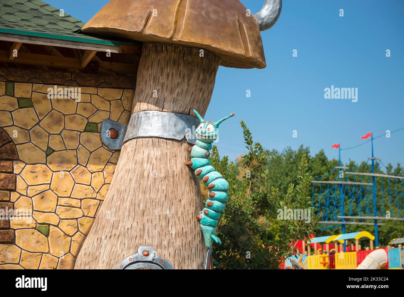 City Zadonsk, Lipetsk region, Russia - August 20, 2021: Family Ethnic Amusement Park Kudykina Gora (Kudykina mountain). Playground. Children's town te Stock Photo