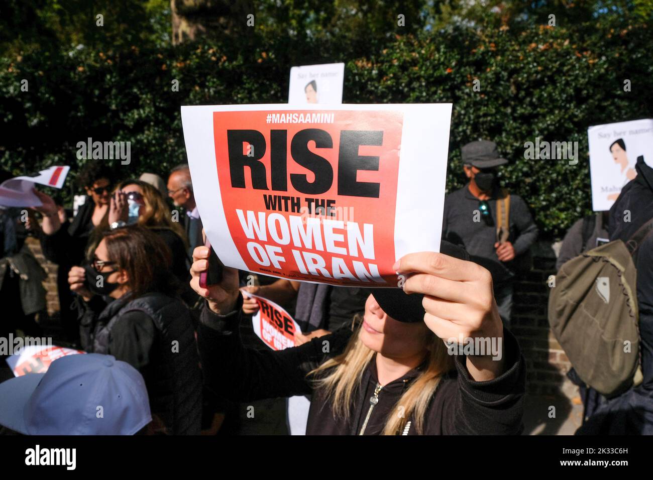Iranian Embassy, London, UK. 24th Sept 2022. Protesters opposite the Iranian embassy against the death of Mahsa Amini in police custody in Iran.Credit: Matthew Chattle/Alamy Live News Stock Photo