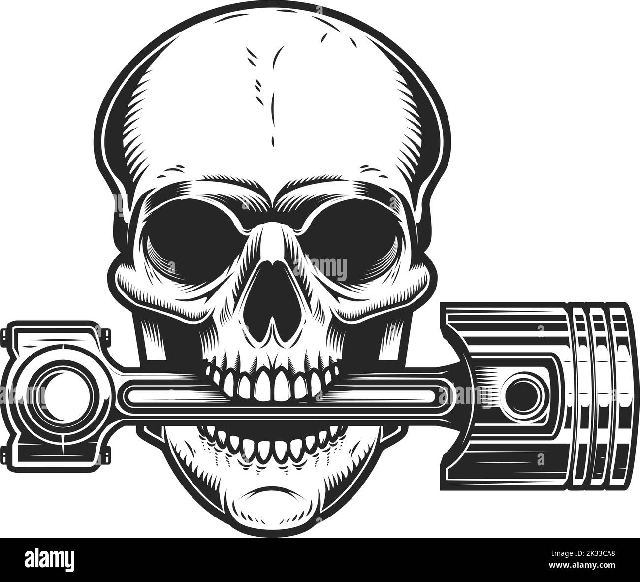 Biker skull with piston in teeth. Design element for logo, label, sign ...