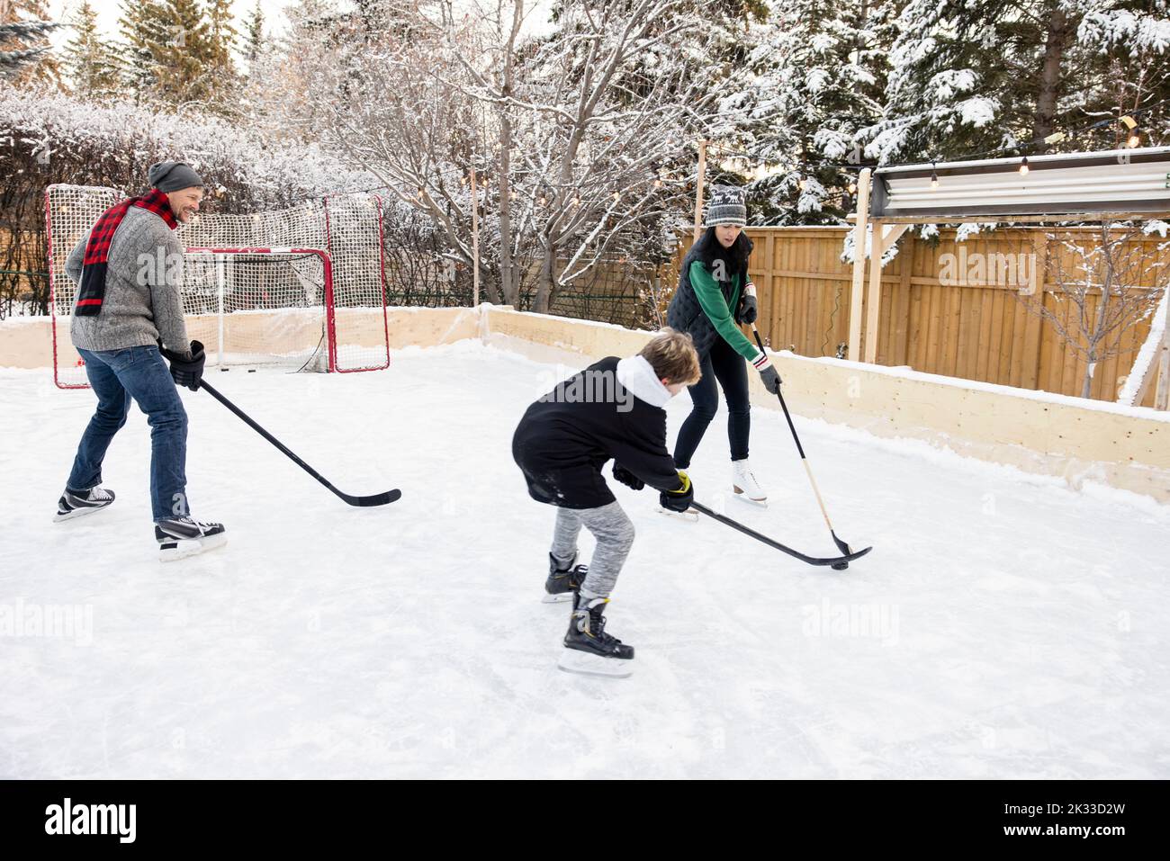 Family playing ice hockey on backyard ice rink Stock Photo Alamy