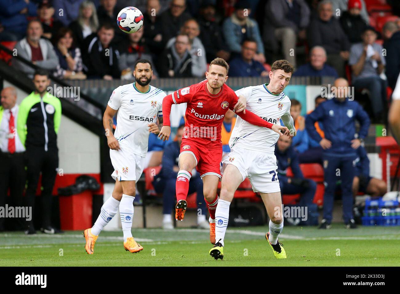 Walsall, UK. 24th Sep, 2022. Liam Kinsella of Walsall (c) gets to the ball. EFL Skybet Football league two match, Walsall v Tranmere Rovers at the Poundland Bescot Stadium in Walsall, West Midlands on Saturday 24th September 2022. this image may only be used for Editorial purposes. Editorial use only, license required for commercial use. No use in betting, games or a single club/league/player publications.pic by Chris Stading/Andrew Orchard sports photography/Alamy Live News Credit: Andrew Orchard sports photography/Alamy Live News Stock Photo