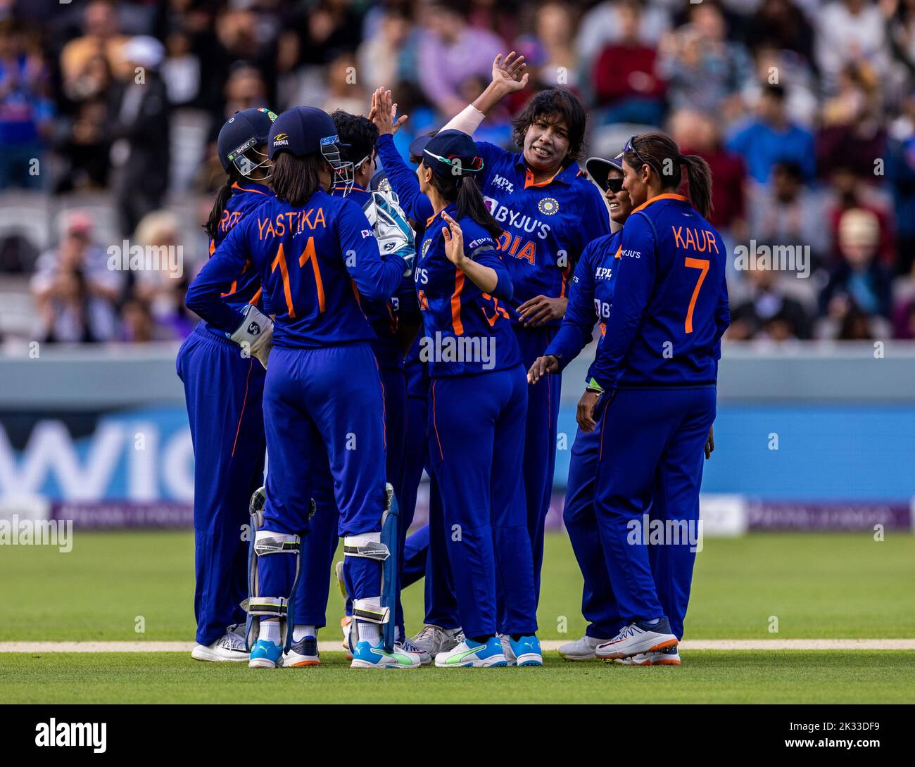 India’s Jhulan Goswami celebrates the wicket of England's Alice Capsey during the third women's one day international match at Lord's, London. Picture date: Saturday September 24, 2022. Stock Photo