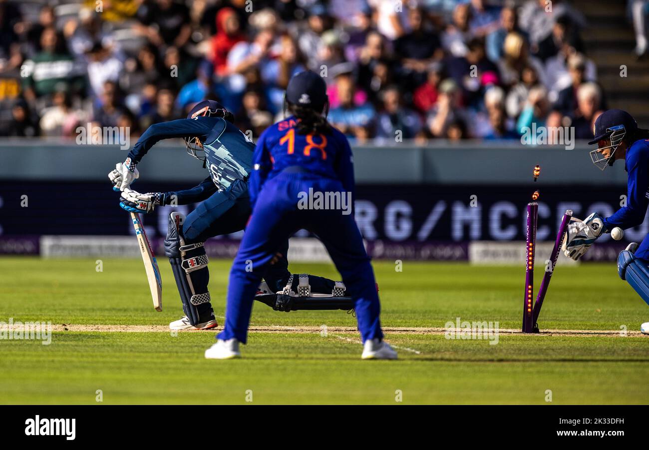 England's Sophia Dunkley is bowled out by India’s Renuka Singh (not in picture) during the third women's one day international match at Lord's, London. Picture date: Saturday September 24, 2022. Stock Photo