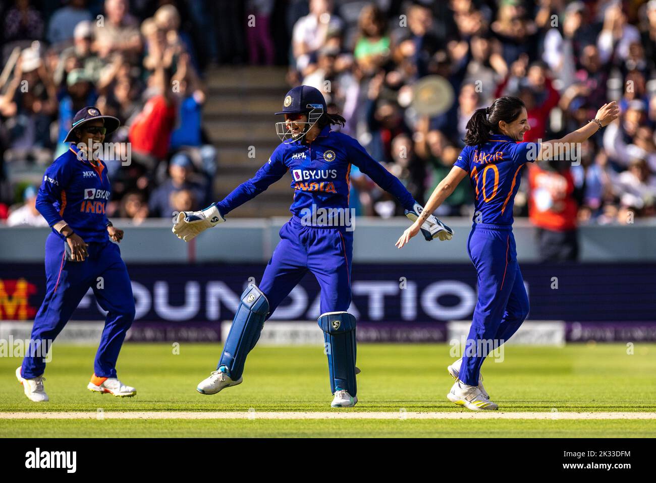 India’s Renuka Singh celebrates the wicket of England's Sophia Dunkley (not in picture) during the third women's one day international match at Lord's, London. Picture date: Saturday September 24, 2022. Stock Photo