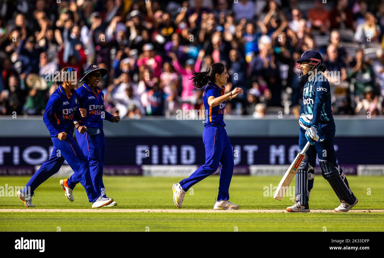 England's Sophia Dunkley is bowled out by India’s Renuka Singh during the third women's one day international match at Lord's, London. Picture date: Saturday September 24, 2022. Stock Photo