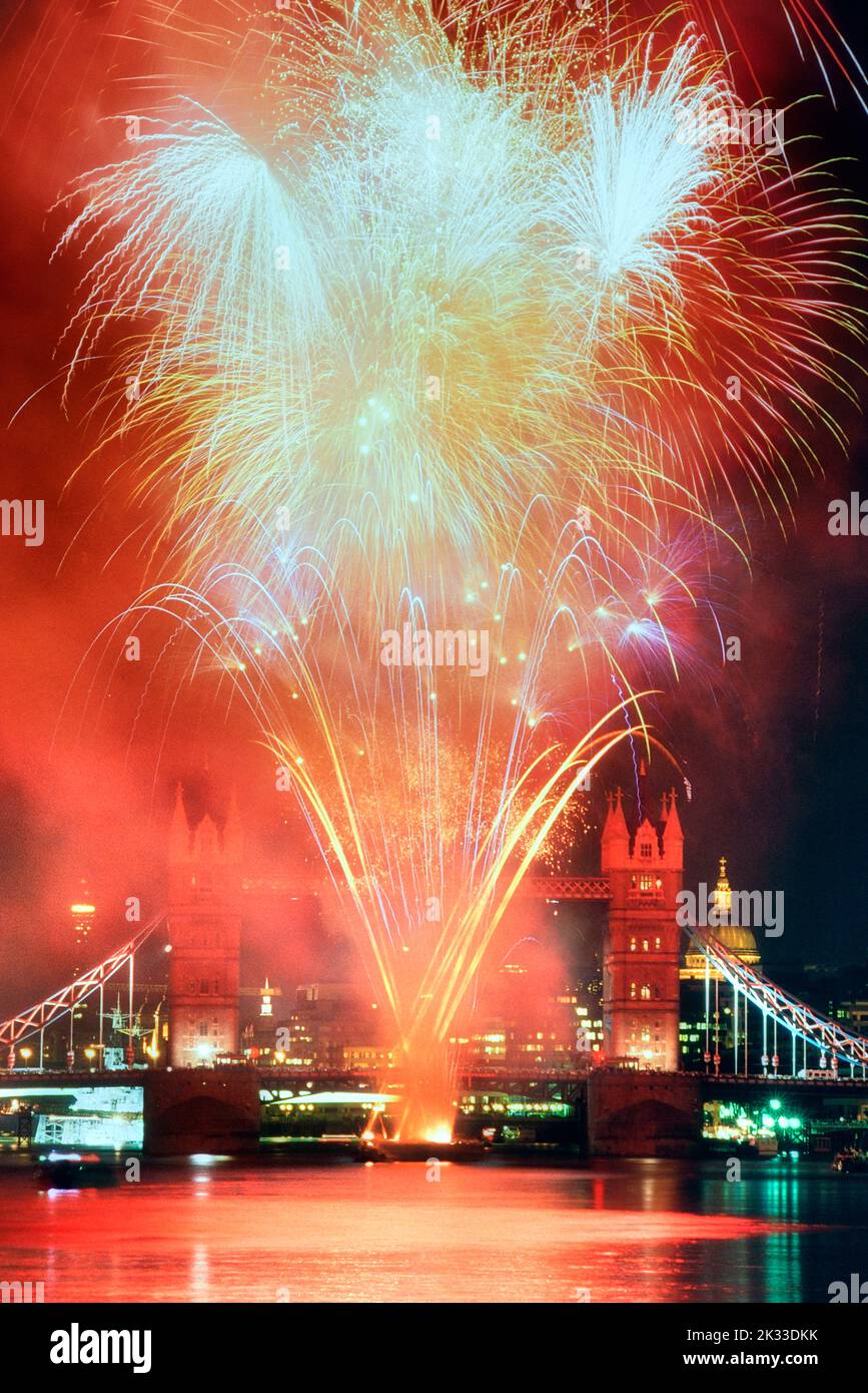 Fireworks display by Tower Bridge, London, England, UK Stock Photo