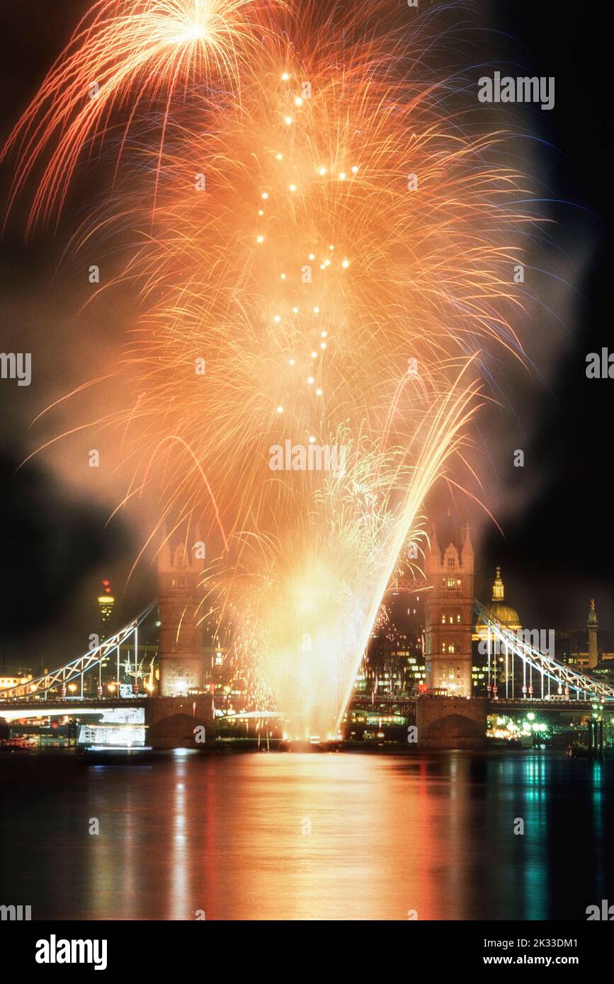 Fireworks display by Tower Bridge, London, England, UK Stock Photo
