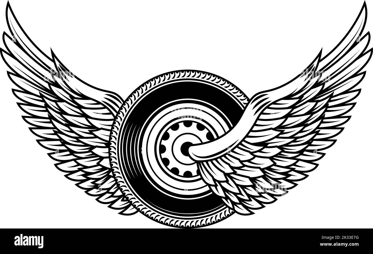 Winged wheel in monochrome style. Design element for logo, label, sign