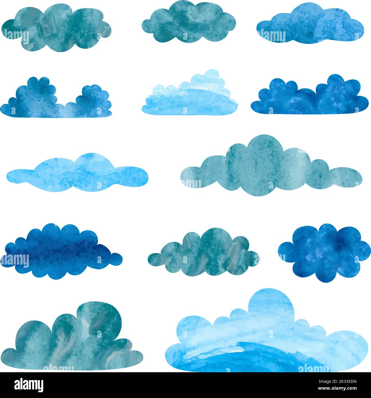 Set of watercolor rainy clouds. Collection of thunderclouds isolated on