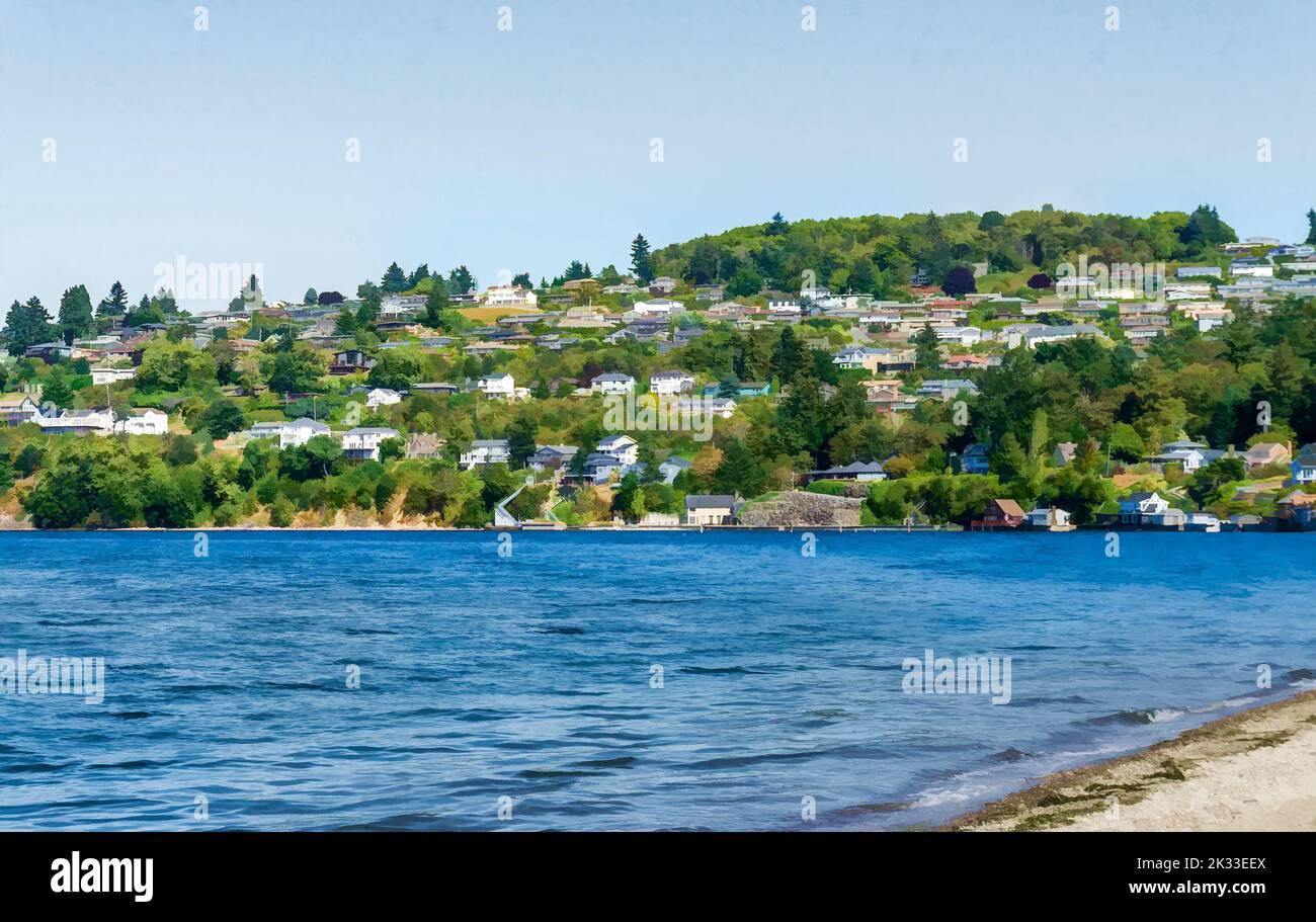 Waterfront shoreline homes in Brown's Point, Washington. Stock Photo