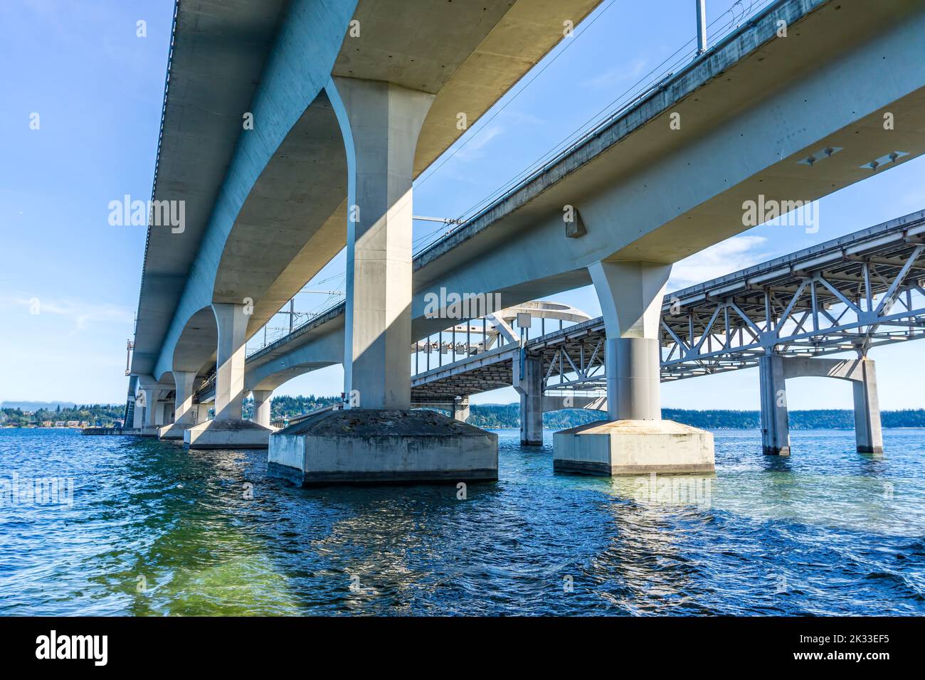 Beneath the Interstate 90 bridges in Seattle, Washington. Stock Photo