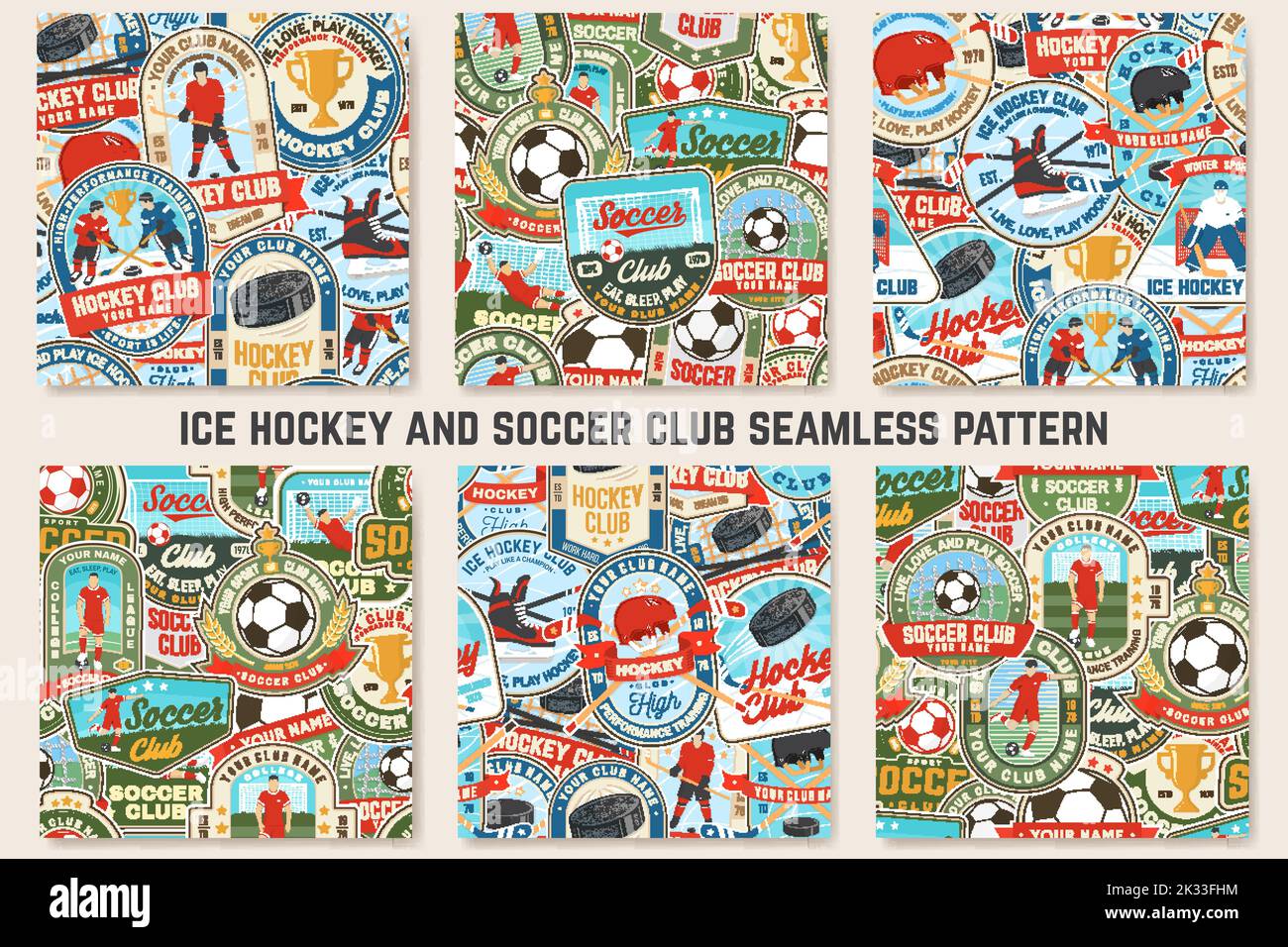 Ice Hockey and Soccer, football club seamless pattern. Vector. For