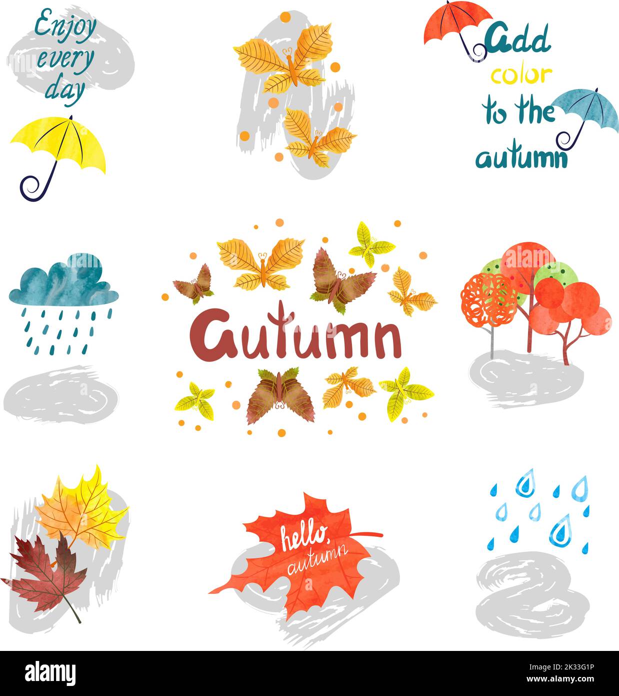 Set of watercolor autumn signs and symbols isolated on white. Vector colorful fall collection Stock Vector