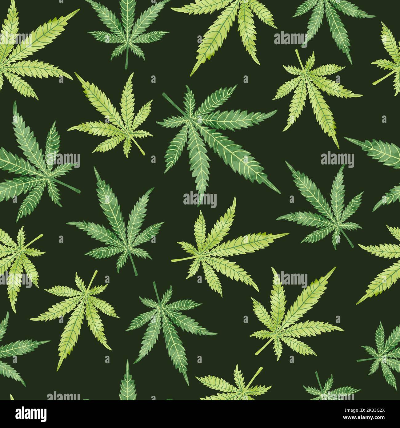 Watercolor marijuana leaves on dark. Seamless pattern. Vector cannabis background Stock Vector