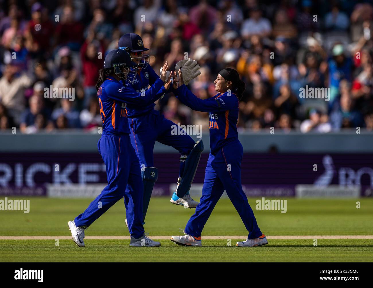 India’s Rajeshwari Gayakwad celebrates the wicket of England’s Danni Wyatt (not in picture) during the third women's one day international match at Lord's, London. Picture date: Saturday September 24, 2022. Stock Photo