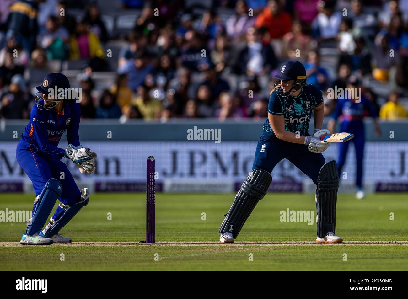 England's Sophie Ecclestone is caught by India’s Jhulan Goswami (not in picture) during the third women's one day international match at Lord's, London. Picture date: Saturday September 24, 2022. Stock Photo