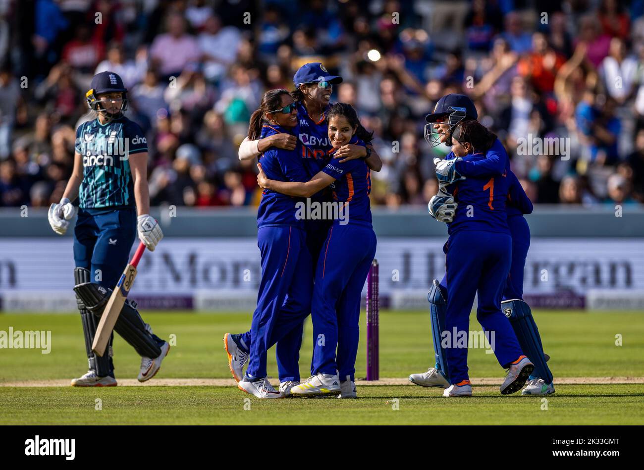 India’s Jhulan Goswami (centre) celebrates with her teammates taking the wicket of England's Sophie Ecclestone during the third women's one day international match at Lord's, London. Picture date: Saturday September 24, 2022. Stock Photo