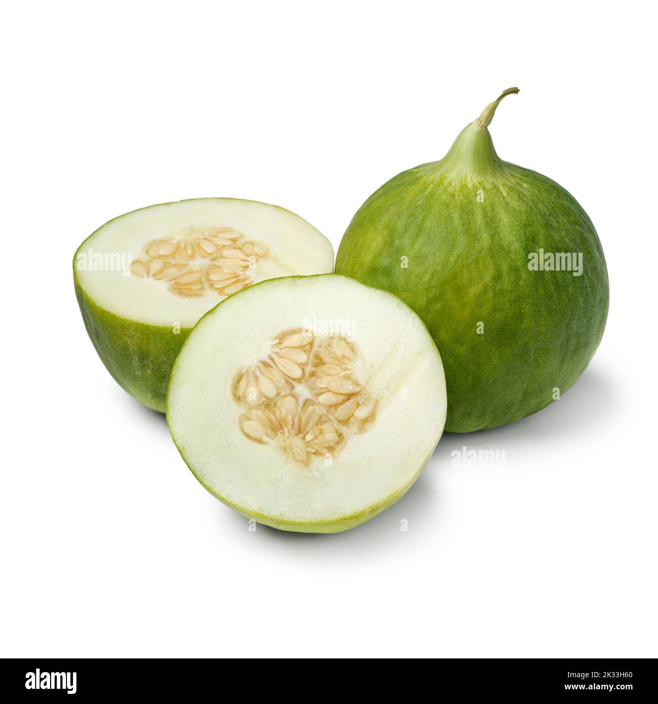 Whole and halved fresh Italian Cumelo fruit, barattiera, isolated on white background close up Stock Photo