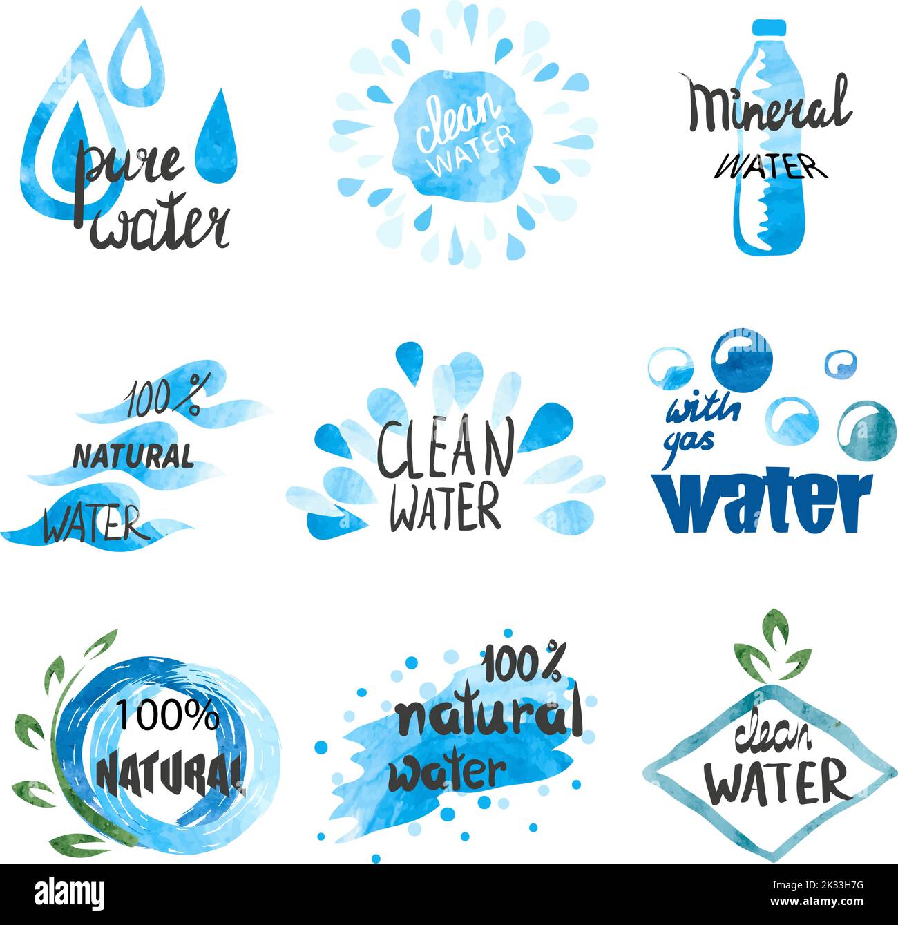 Set of hand drawn watercolor symbols and signs of pure water. Vector