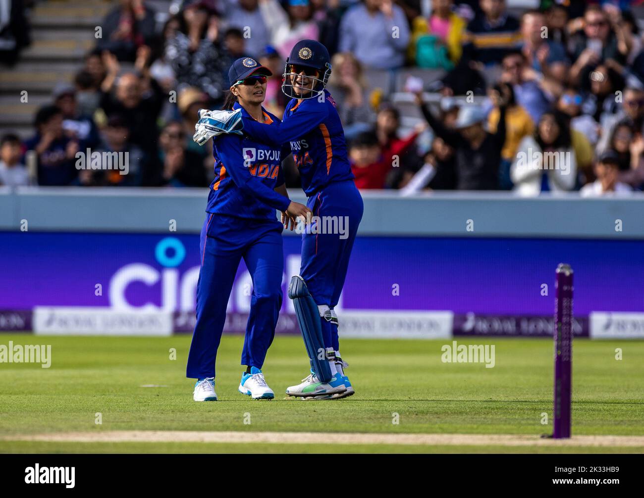 India's Harleen Deol after taking the wicket of England's Freya Kemp (not in picture) during the third women's one day international match at Lord's, London. Picture date: Saturday September 24, 2022. Stock Photo