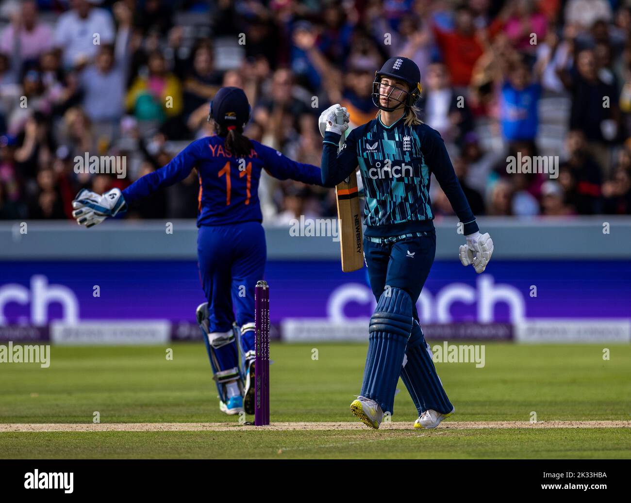 England's Freya Kemp after caught out by India's Harleen Deol (not in picture) during the third women's one day international match at Lord's, London. Picture date: Saturday September 24, 2022. Stock Photo