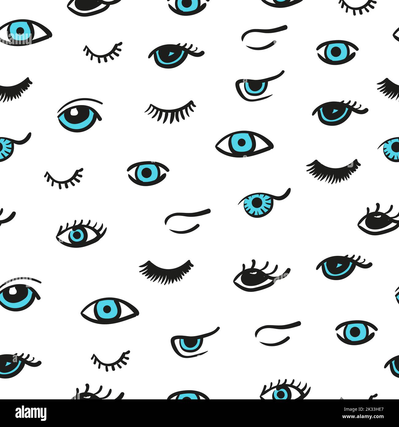 Doodle eyes seamless pattern. Vector background with cute blue eyes and