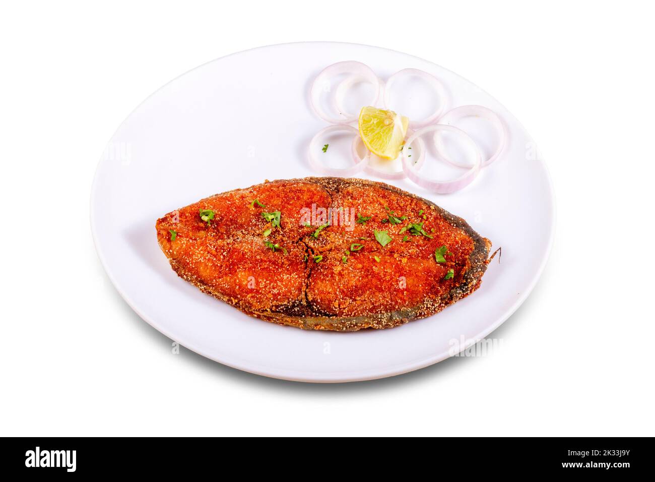 surmai fry Served in a plate over white background. Selective focus. Stock Photo