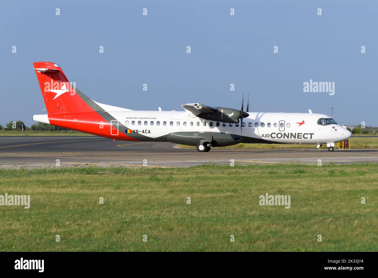 AirConnect ATR 72 airplane at Bucharest Airport. New airline from Romania called Air Connect. ATR 72-600 aircraft. Stock Photo