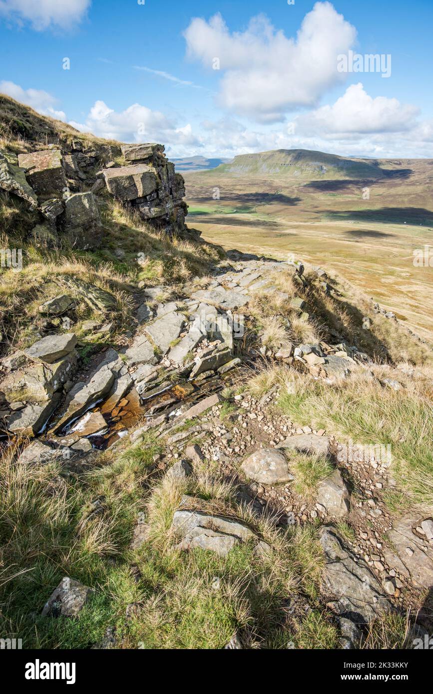 Fountains Fell is a mountain in the Yorkshire Dales.The main summit (SD864716) has a height of 668 metres (2,192 ft) .Pennine Way route runs over fell. Stock Photo