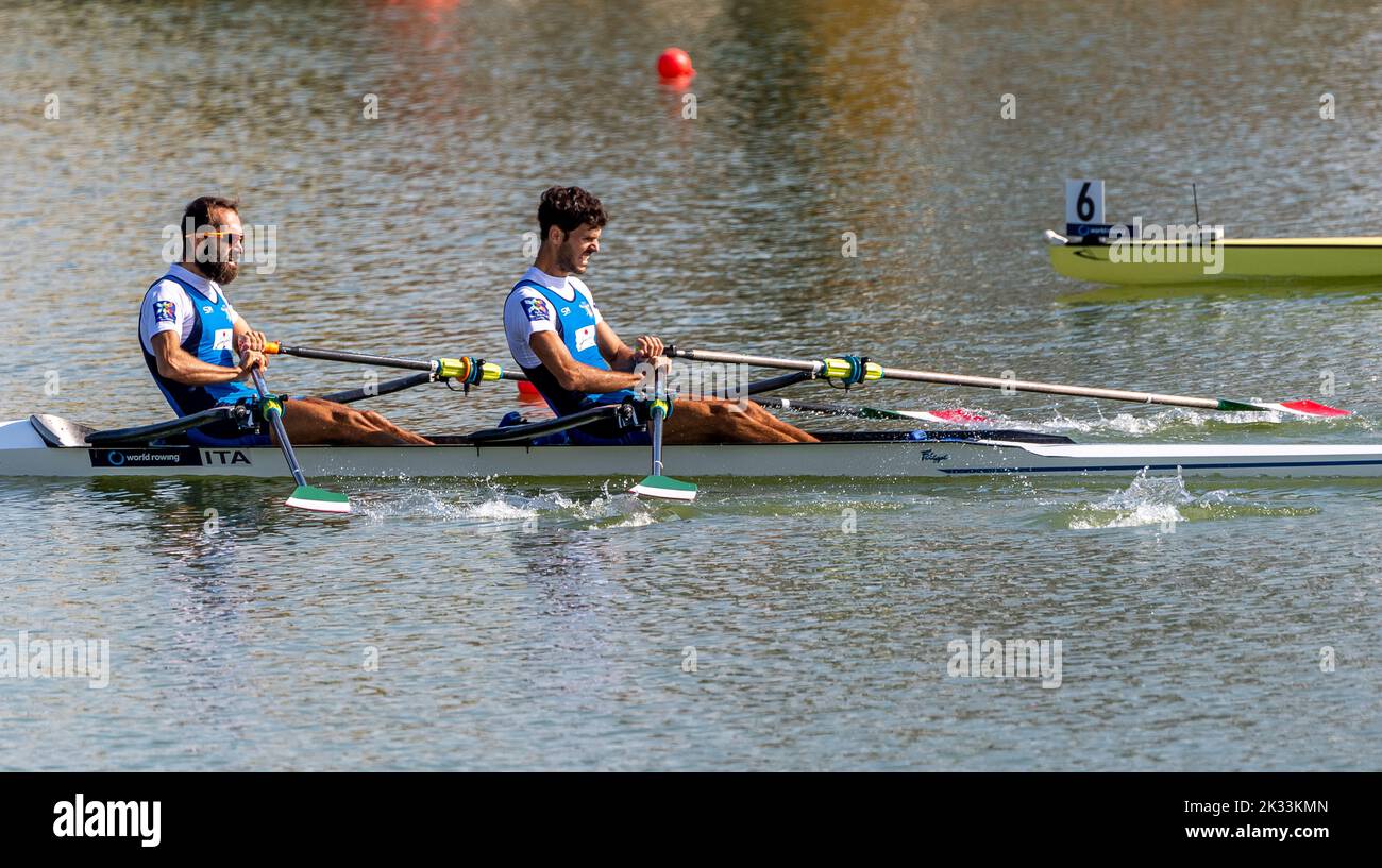 Racice, Czech Republic. 24th Sep, 2022. Pietro Ruta, Stefano Oppo of Italy compete in the Lightweight Men's Double Sculls Final A during Day 7 of the 2022 World Rowing Championships at the Labe Arena Racice on September 24, 2022 in Racice, Czech Republic. Credit: Ondrej Hajek/CTK Photo/Alamy Live News Stock Photo