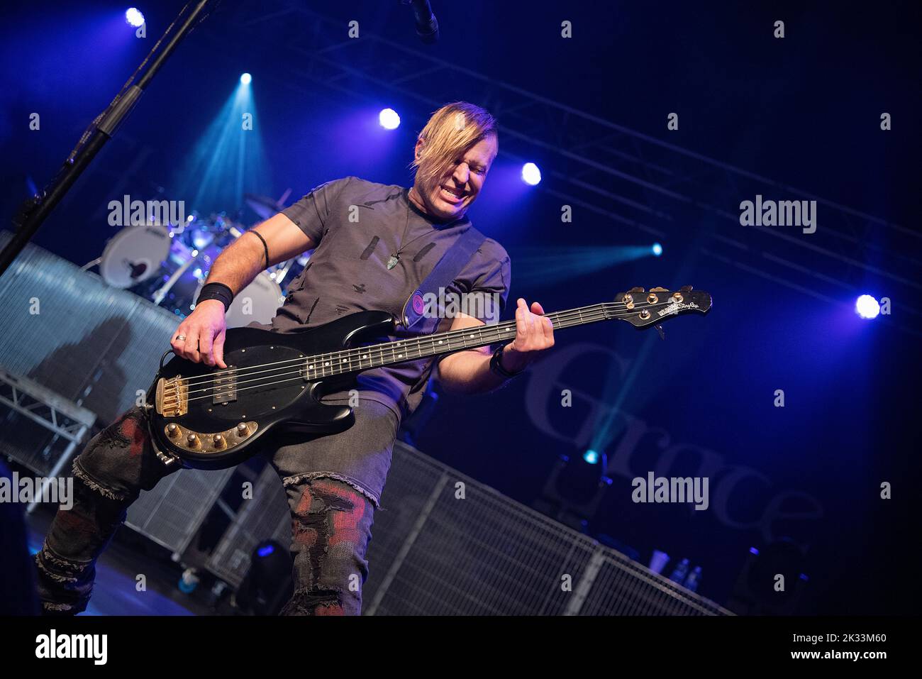 Three Days Grace (Bassist Brad Walst) live in concert on their Explosions Tour in the UK at Birmingham O2 Academy, 19th September, 2022 Stock Photo