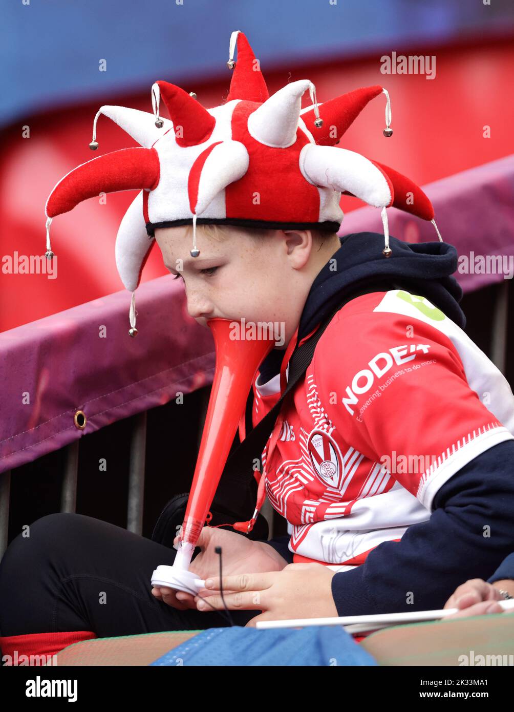 St Helens fan in the stands before the Betfred Super League Grand Final at Old Trafford, Manchester. Picture date: Saturday September 24, 2022. Stock Photo