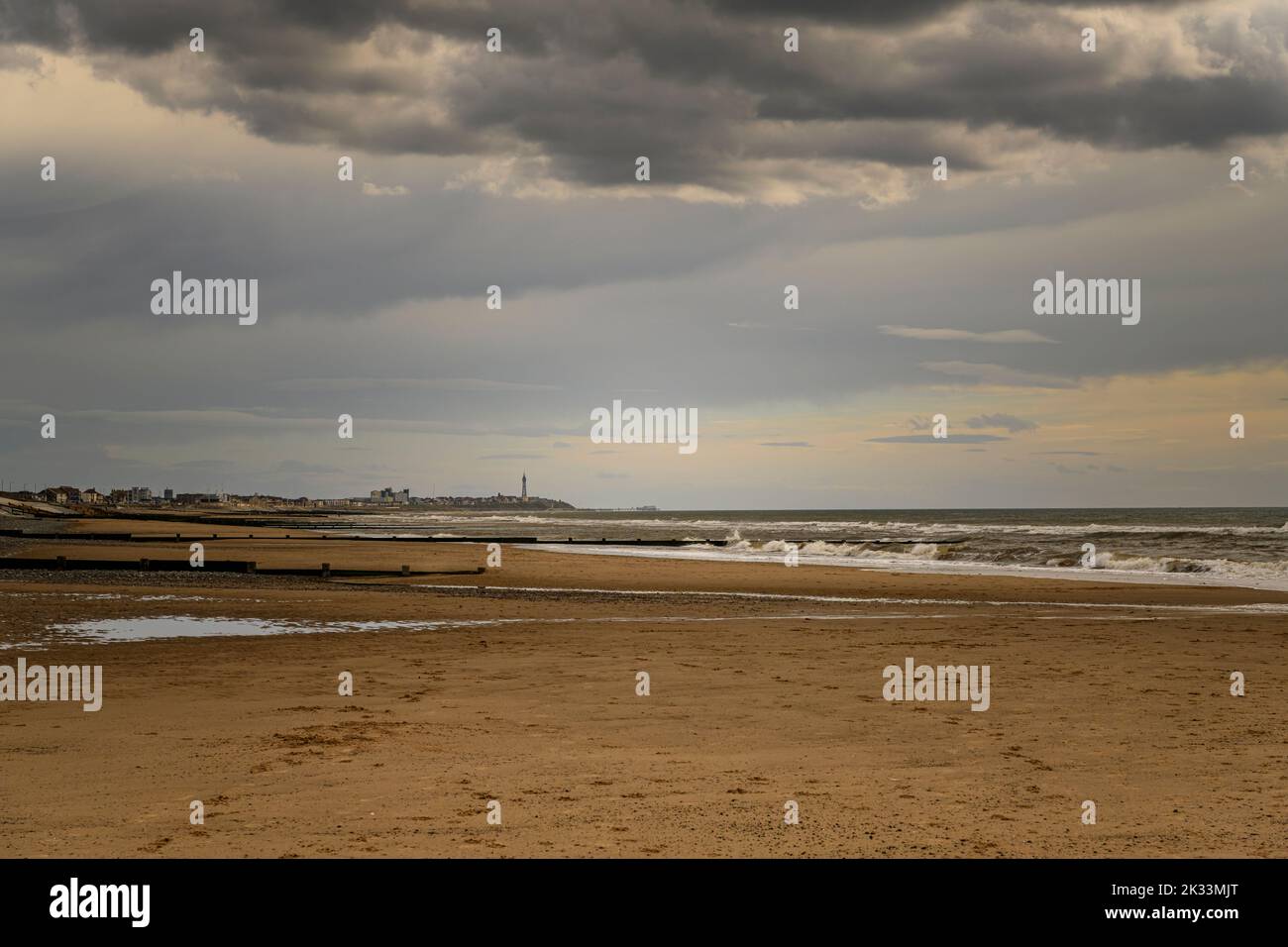 An autumnal HDR seacape image of Blackpool from Fleetwood beach with Blackpool tower in the background, Lancashire, England. 05 September 2022 Stock Photo