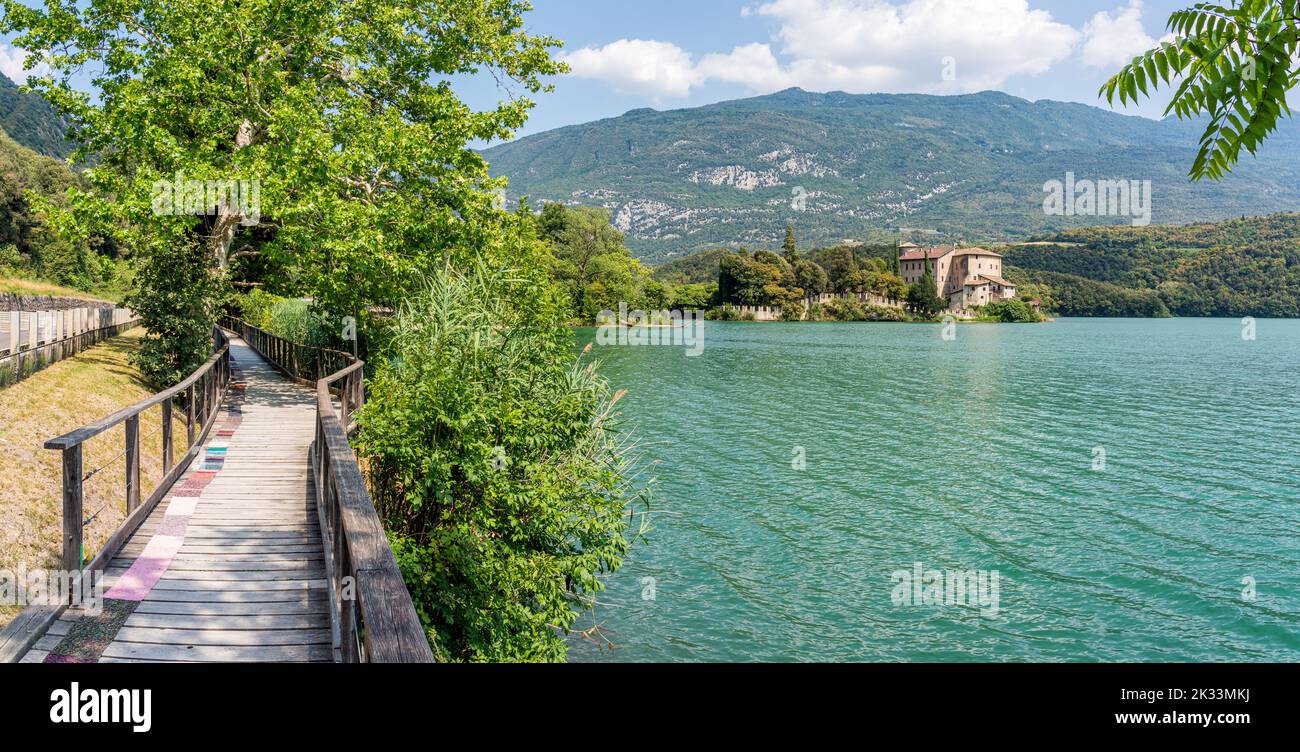 Lake and Castel Toblino, idyllic location in the Province of Trento, Trentino Alto Adige, northern Italy. Stock Photo