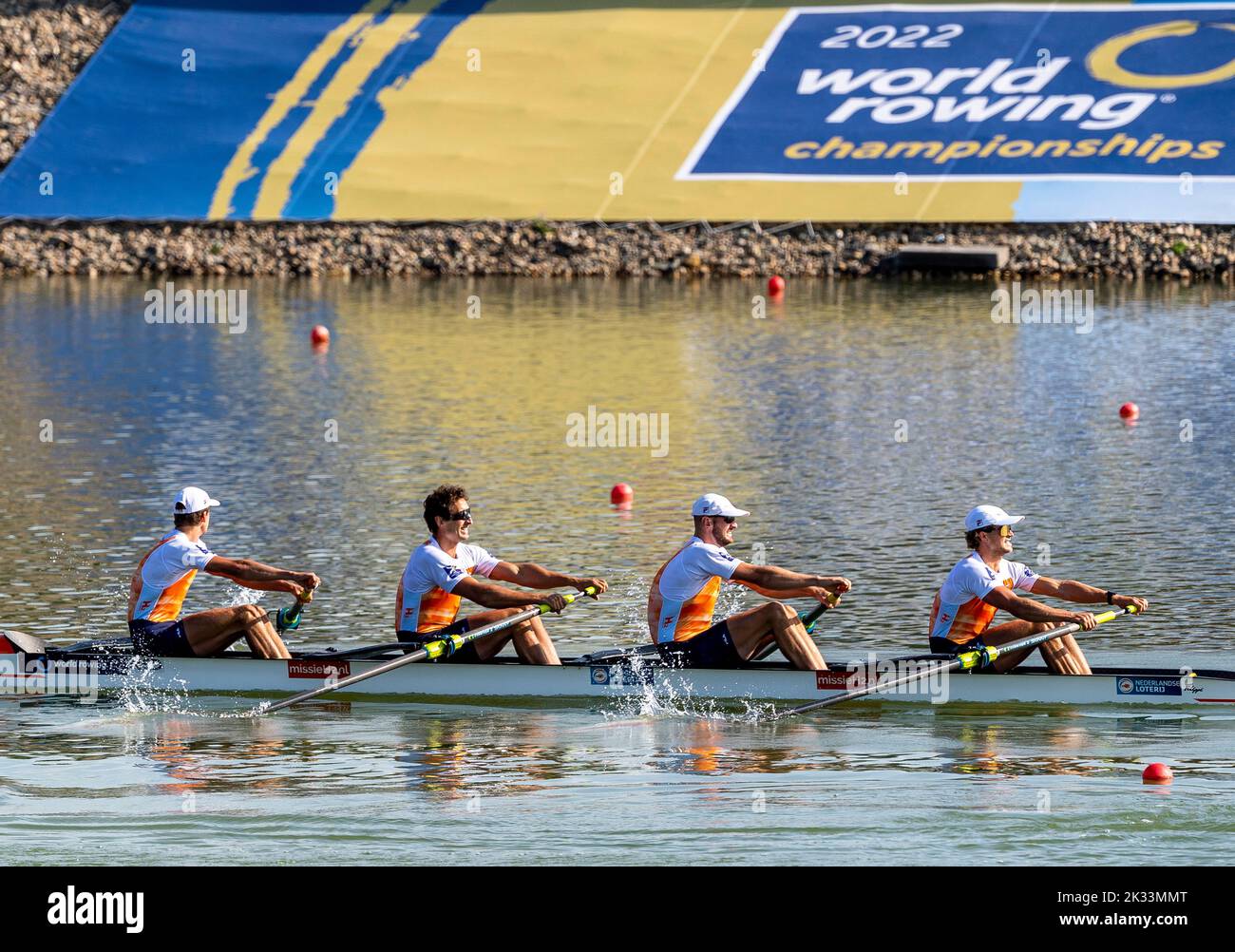 Racice, Czech Republic. 24th Sep, 2022. Ralf Rienks, Ruben Knab, Sander De Graaf, Rik Rienks of Netherlands compete in Men's Four Final A during Day 7 of the 2022 World Rowing Championships at the Labe Arena Racice on September 24, 2022 in Racice, Czech Republic. Credit: Ondrej Hajek/CTK Photo/Alamy Live News Stock Photo