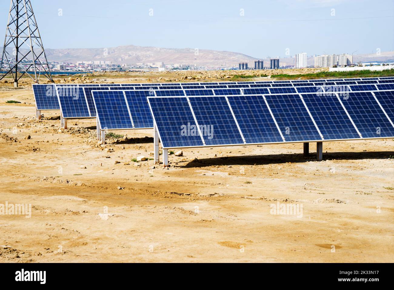 solar panels with the sunny sky. Blue solar panels. background of photovoltaic modules for renewable energy. Stock Photo